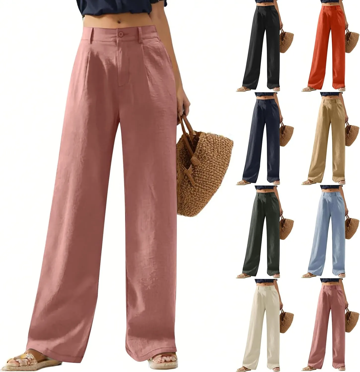 Linen Wide Leg Pants for Women Business Casual High Waisted Dress Pants Office Work Pants Straight Trousers w/Pockets
