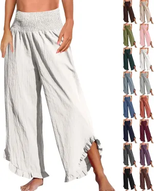Linen Wide Leg Pants for Women Smocked Elastic Waist Flowy Lounge Pants Summer Casual Beach Ruffle Hem Palazzo Pants