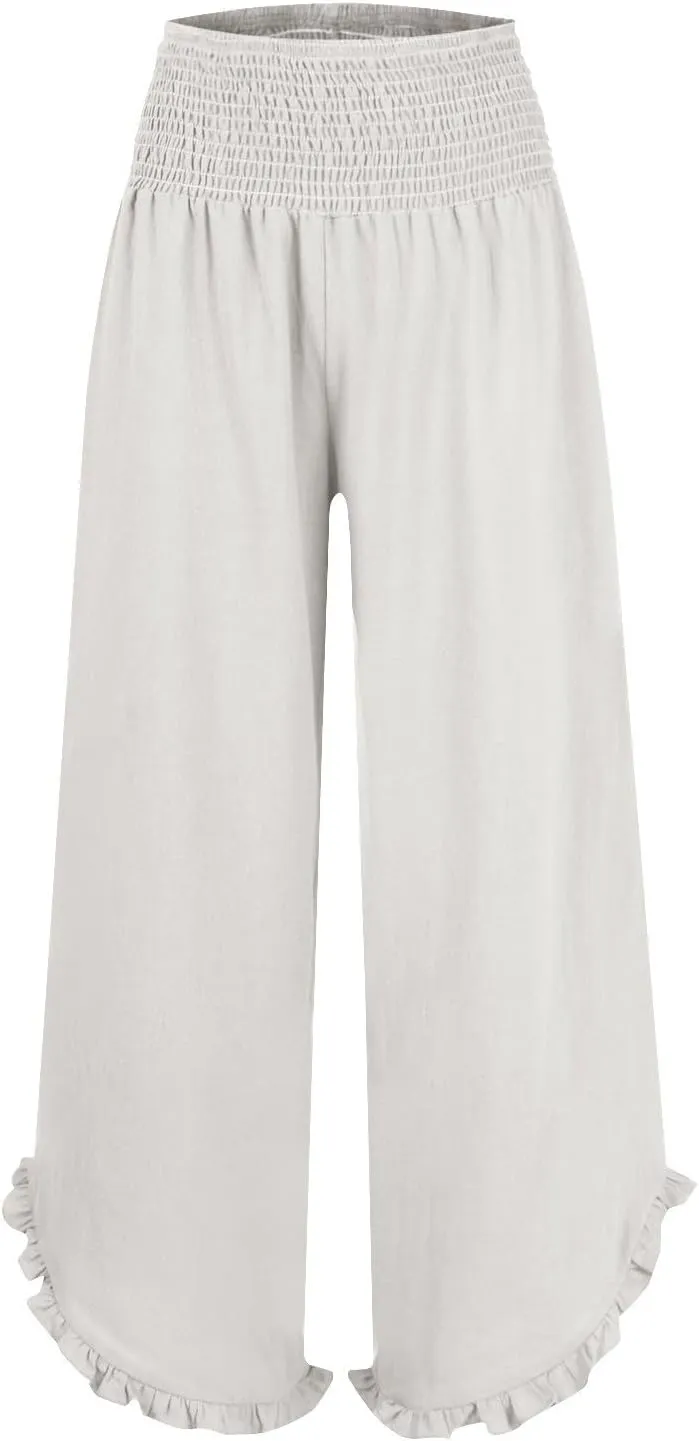 Linen Wide Leg Pants for Women Smocked Elastic Waist Flowy Lounge Pants Summer Casual Beach Ruffle Hem Palazzo Pants