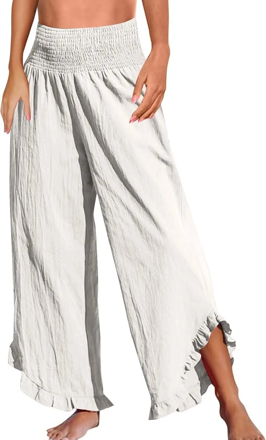 Linen Wide Leg Pants for Women Smocked Elastic Waist Flowy Lounge Pants Summer Casual Beach Ruffle Hem Palazzo Pants