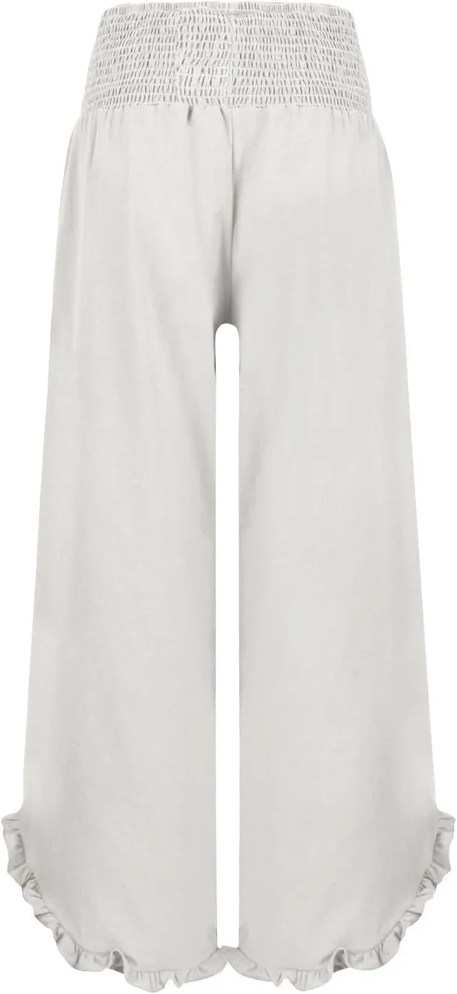 Linen Wide Leg Pants for Women Smocked Elastic Waist Flowy Lounge Pants Summer Casual Beach Ruffle Hem Palazzo Pants