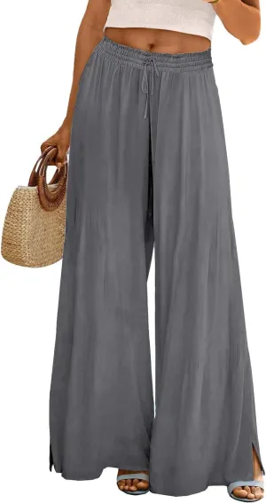 Linen Wide Leg Pants for Women Stretch Smocked High Waisted Ruffle Hem Palazzo Pants 2025 Summer Loose Beach Pants