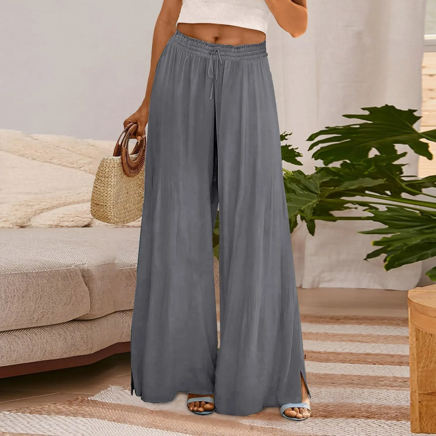 Linen Wide Leg Pants for Women Stretch Smocked High Waisted Ruffle Hem Palazzo Pants 2025 Summer Loose Beach Pants