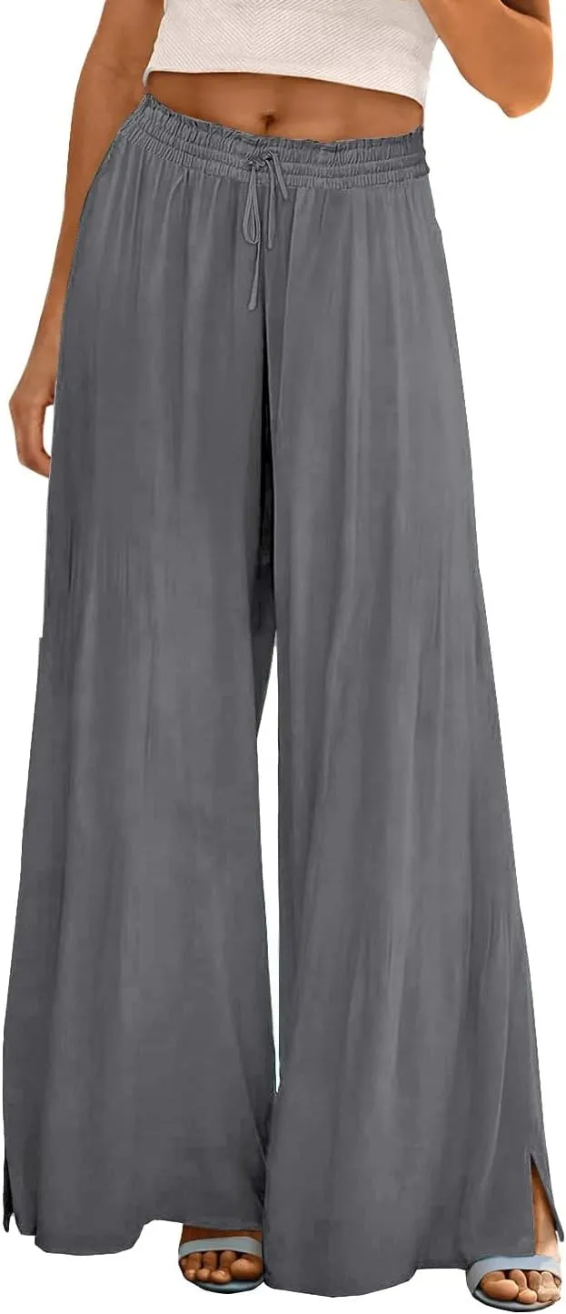 Linen Wide Leg Pants for Women Stretch Smocked High Waisted Ruffle Hem Palazzo Pants 2025 Summer Loose Beach Pants