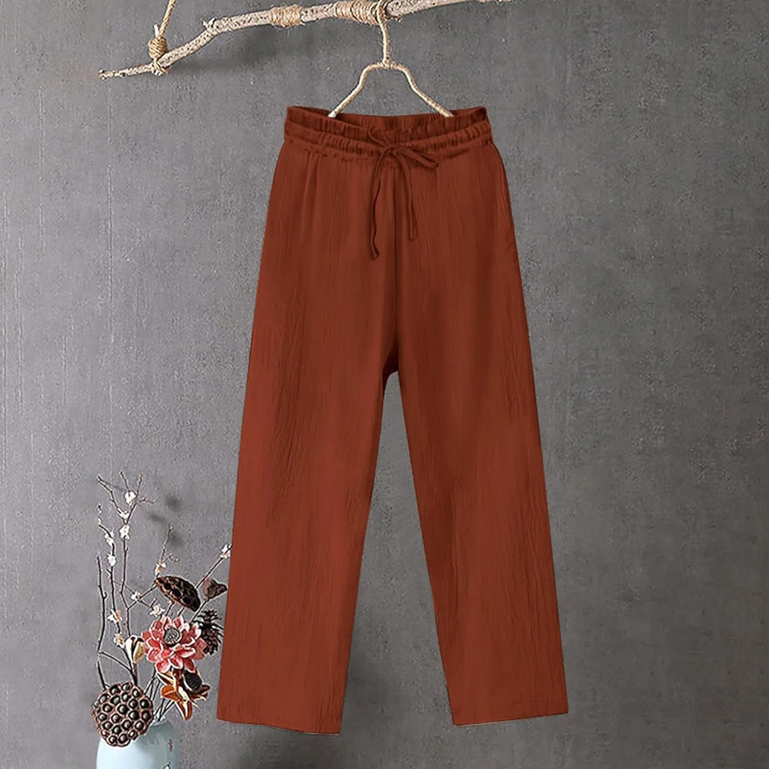 Lmdudan 2025 Summer Plus Size Cotton Linen Pants for Women High Waisted Lounge Trousers Wide Leg Palazzo Pant with Pockets