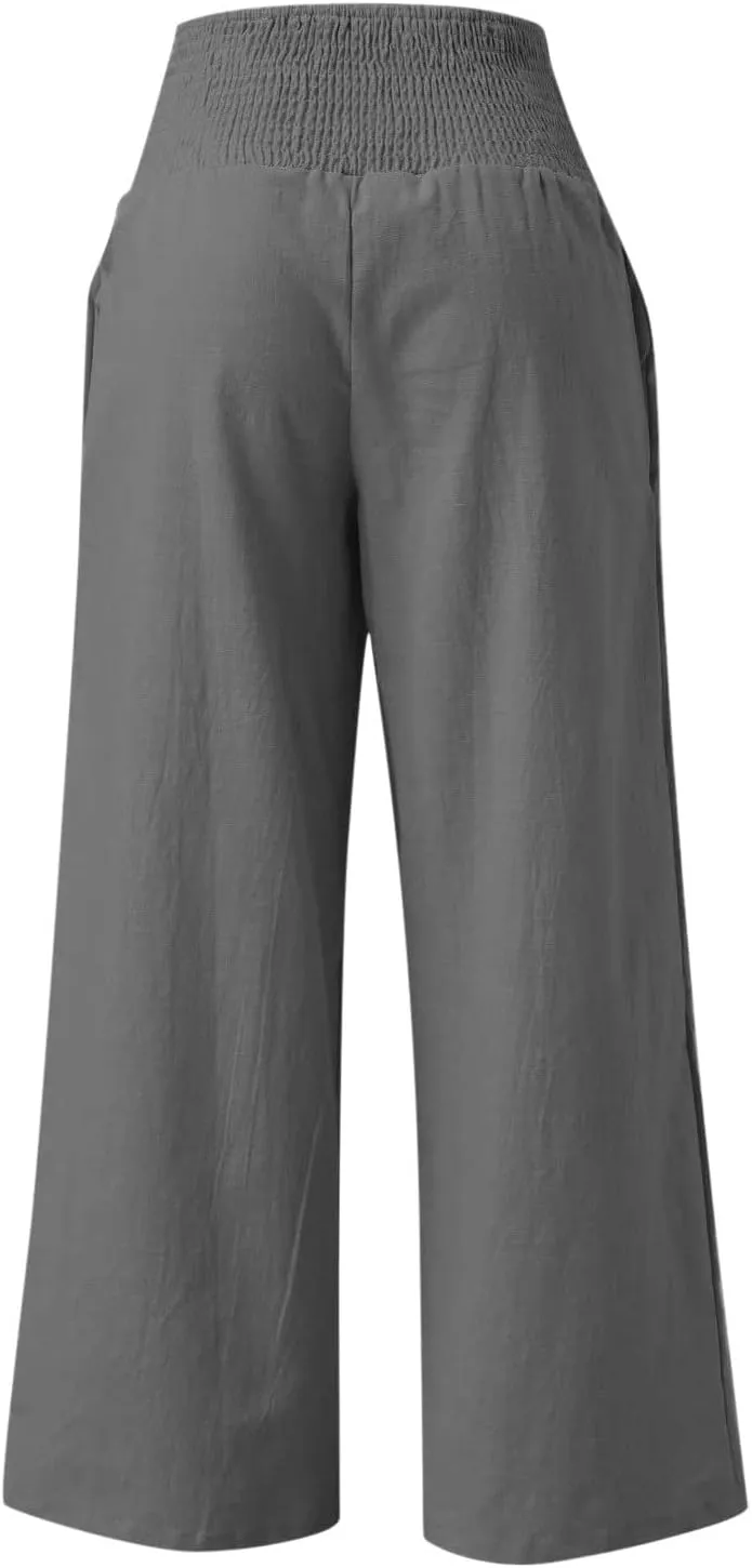 LRMQS Linen Wide Leg Pants Women Summer Casual Drawstring Elastic High Waist Trousers Resort Wear Beach Trendy Palazzo Pant