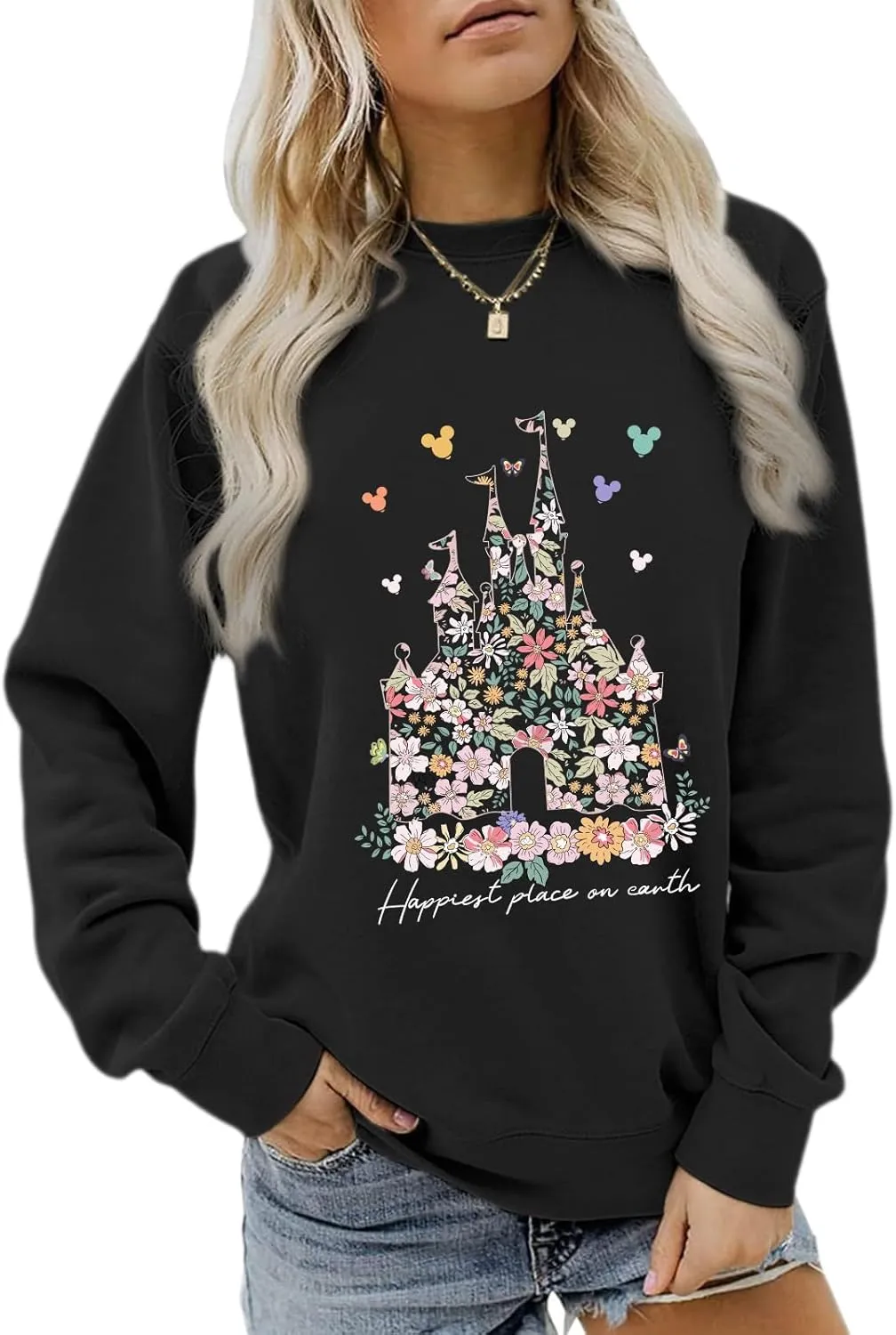 Magic Kingdom Sweatshirts for Women Magical Floral Castle Graphic Long Sleeve Shirt Holiday Vacation Pullover Tops