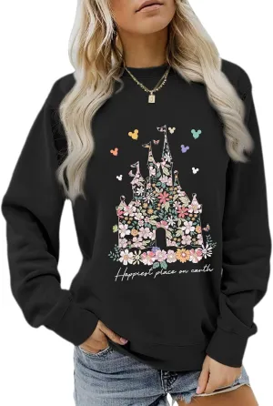 Magic Kingdom Sweatshirts for Women Magical Floral Castle Graphic Long Sleeve Shirt Holiday Vacation Pullover Tops