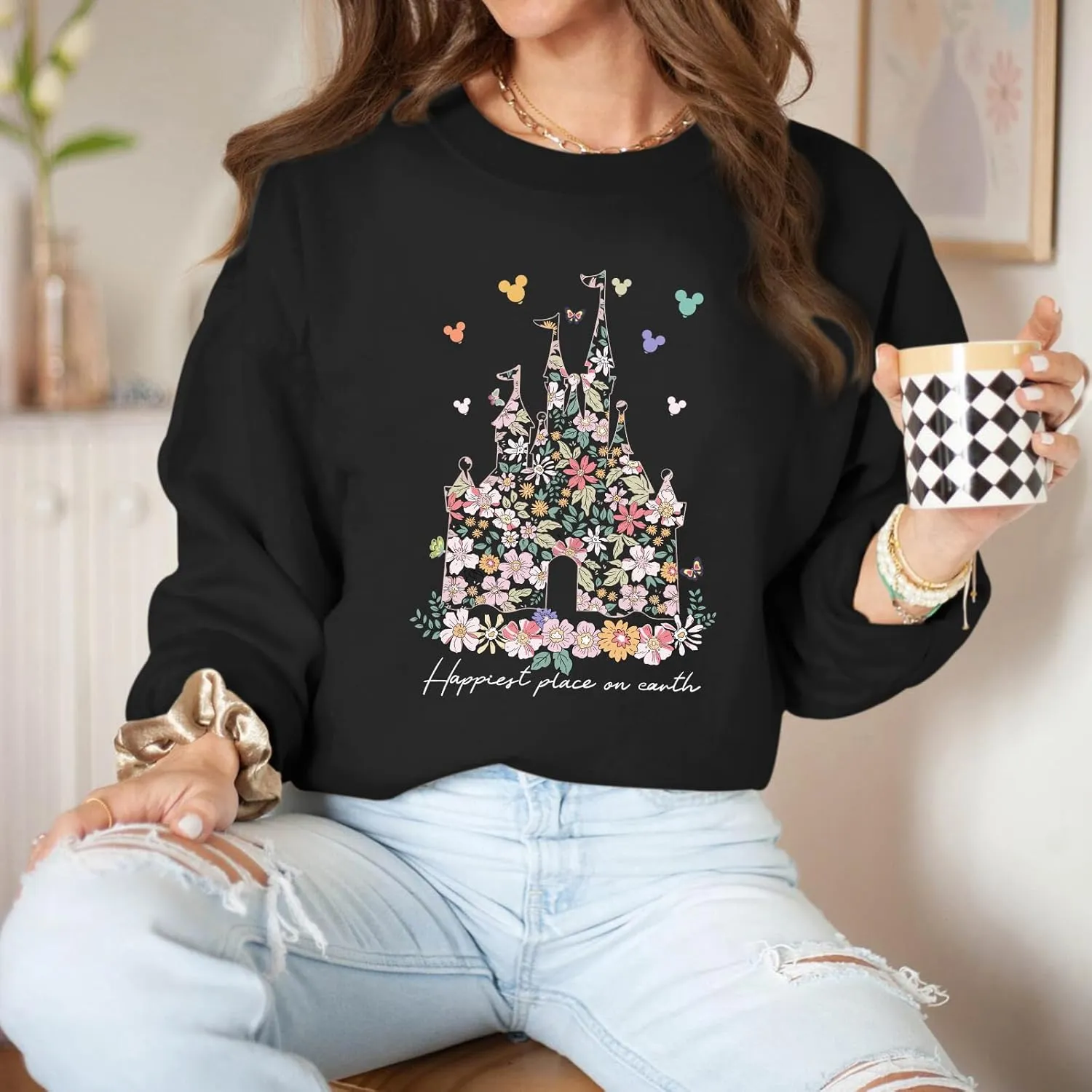 Magic Kingdom Sweatshirts for Women Magical Floral Castle Graphic Long Sleeve Shirt Holiday Vacation Pullover Tops