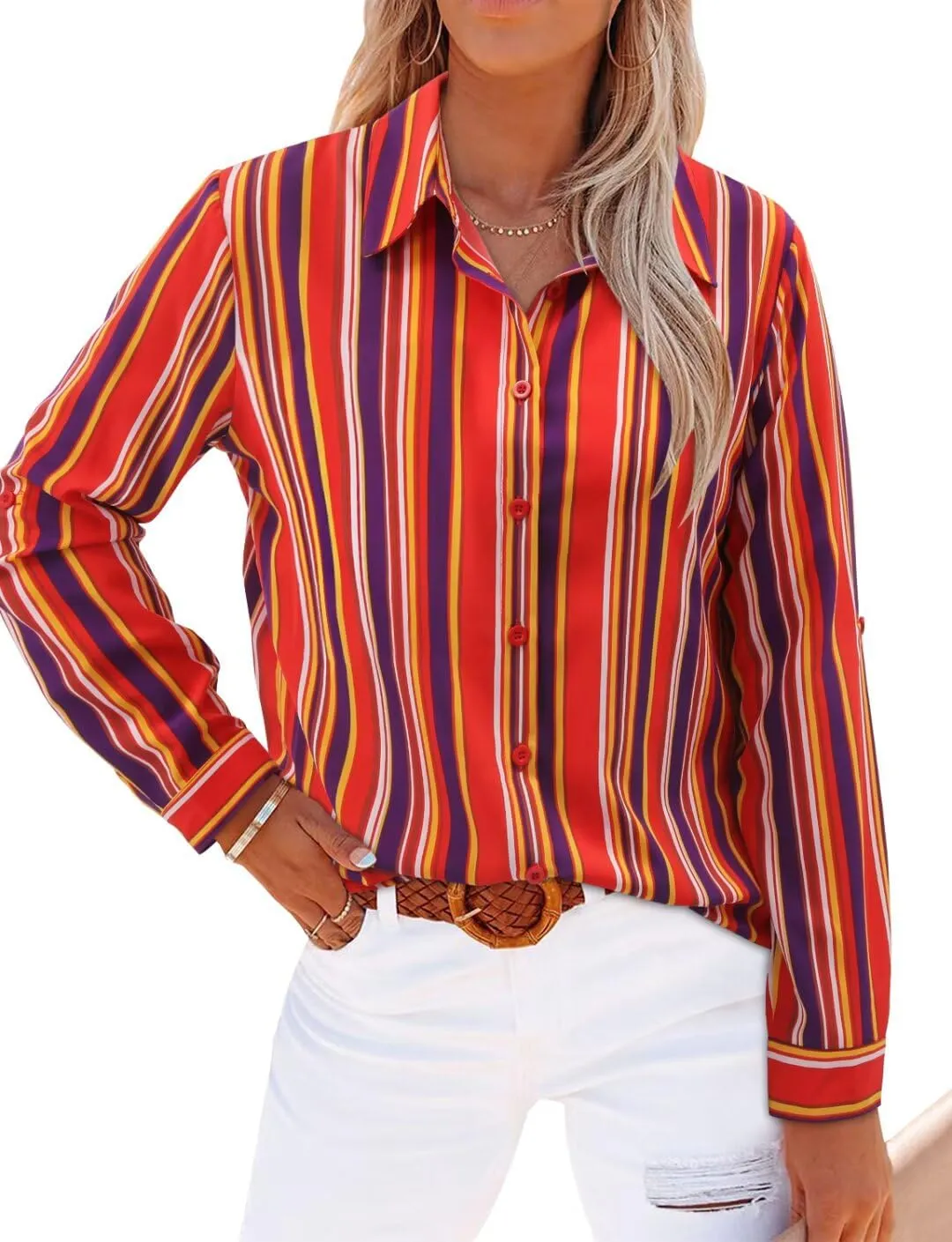 Magritta Women's Shirts Fashion Casual Loose Fit Long Sleeve Button Down Lightweight Collared Blouse Tops