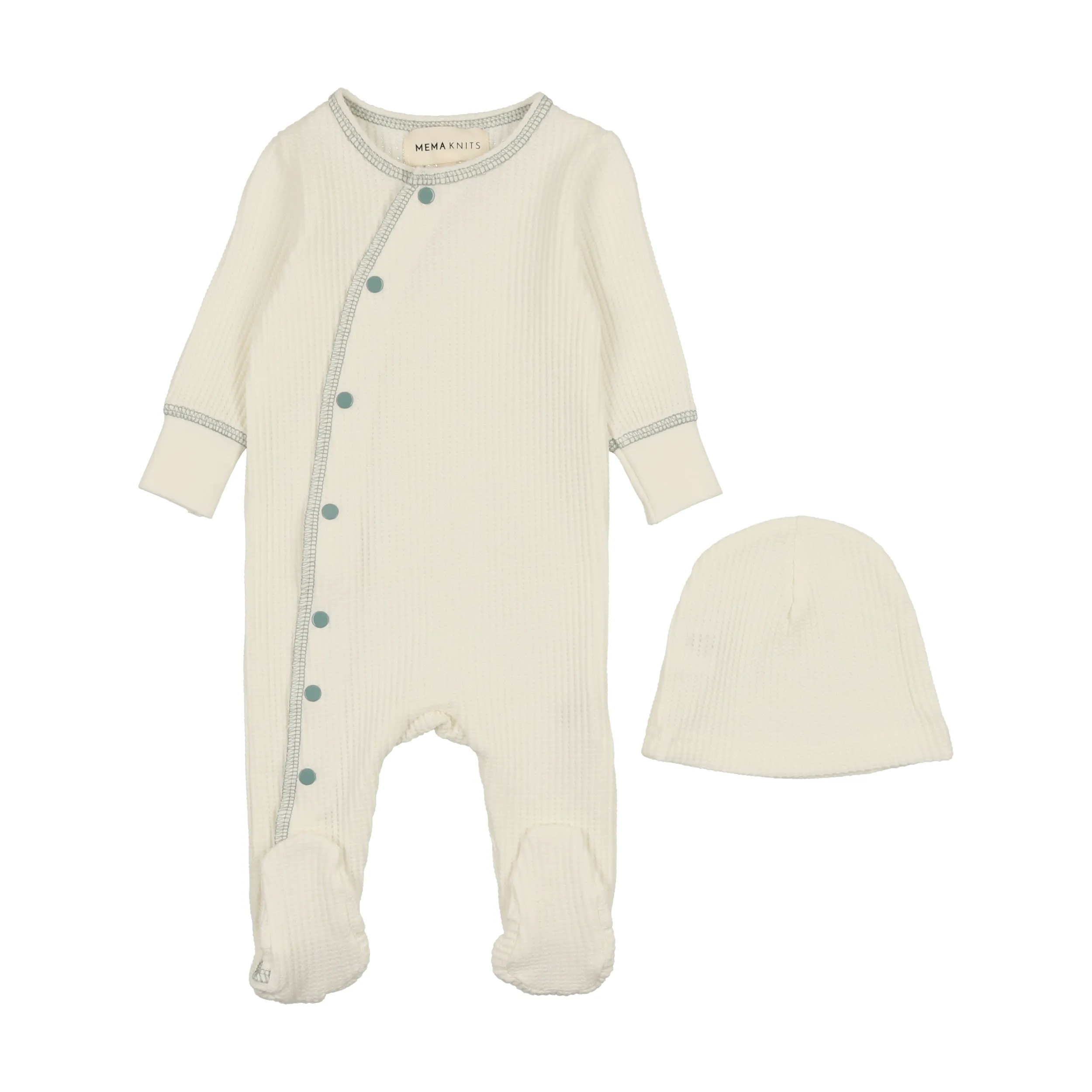 MEMA KNITS 2PC SIDE SNAP CONTRAST FOOTIE   BEANIE SET