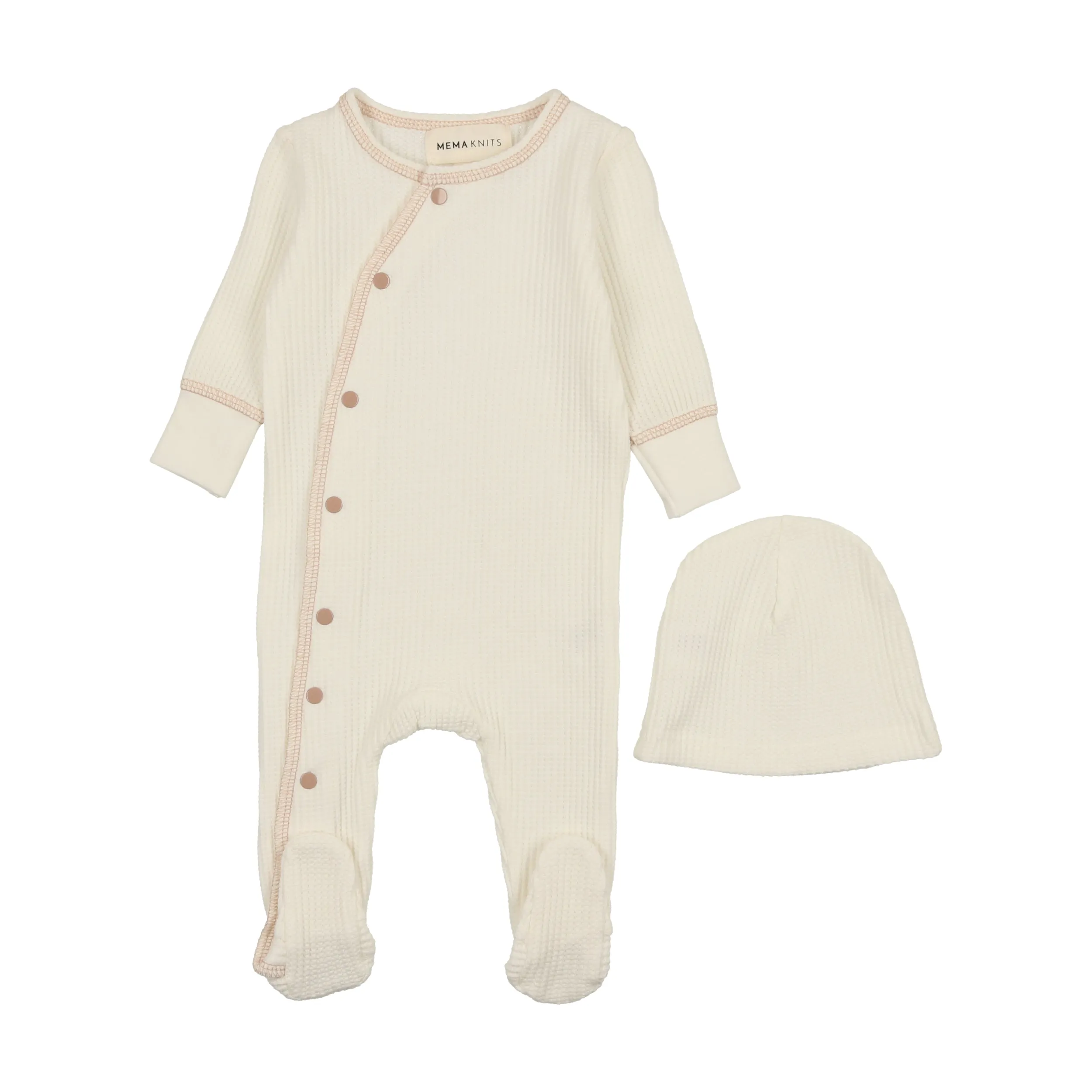 MEMA KNITS 2PC SIDE SNAP CONTRAST FOOTIE   BEANIE SET