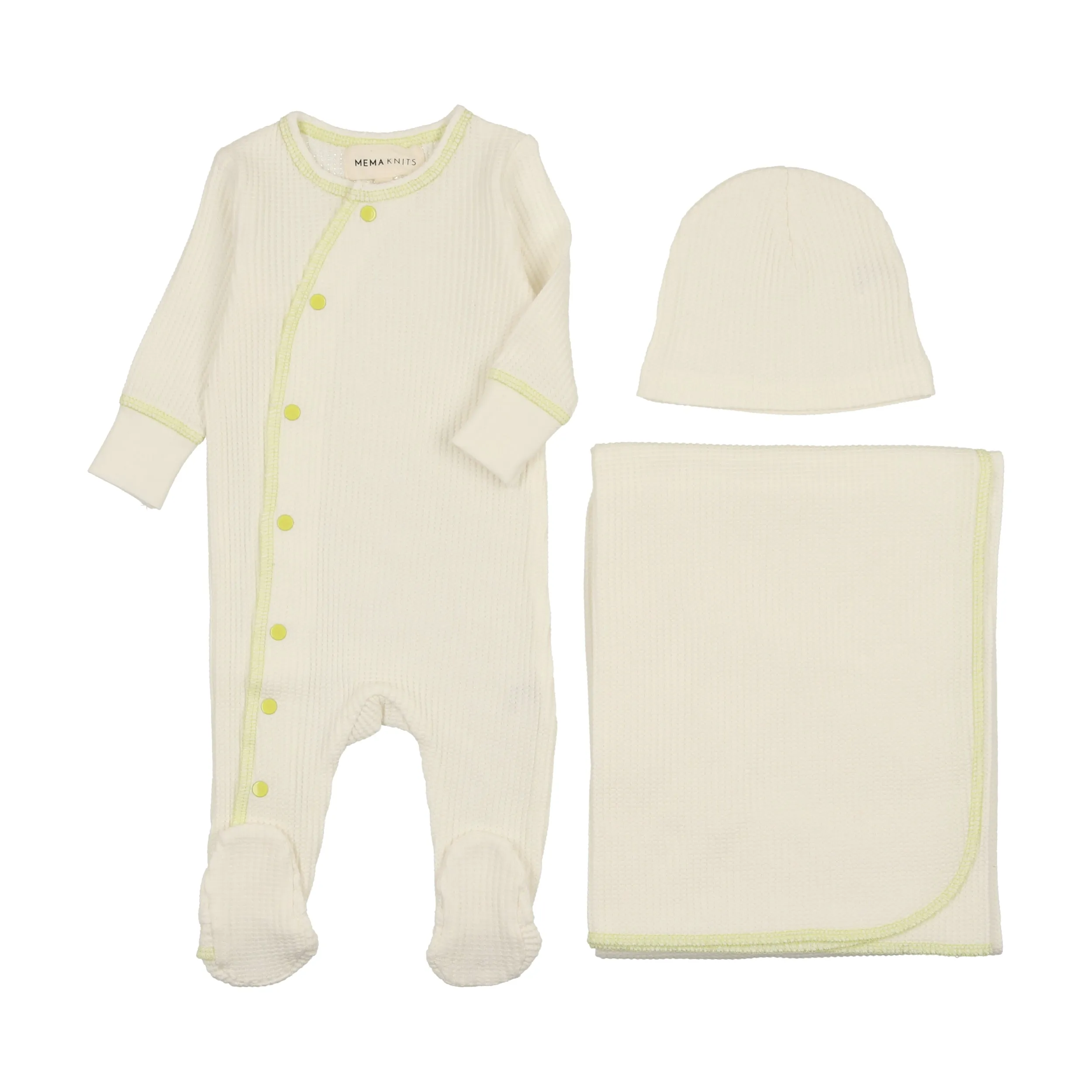 MEMA KNITS 3PC SIDE SNAP CONTRAST FOOTIE, BEANIE AND BLANKET SET