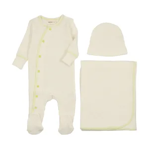 MEMA KNITS 3PC SIDE SNAP CONTRAST FOOTIE, BEANIE AND BLANKET SET