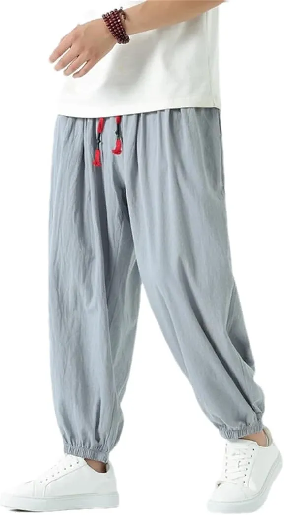 Men Vintage Elastic Waist Harem Pants Wide Leg Ankle Length Pants Casual Streetwear Trousers