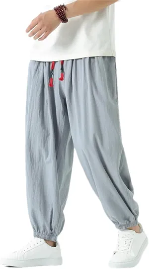 Men Vintage Elastic Waist Harem Pants Wide Leg Ankle Length Pants Casual Streetwear Trousers