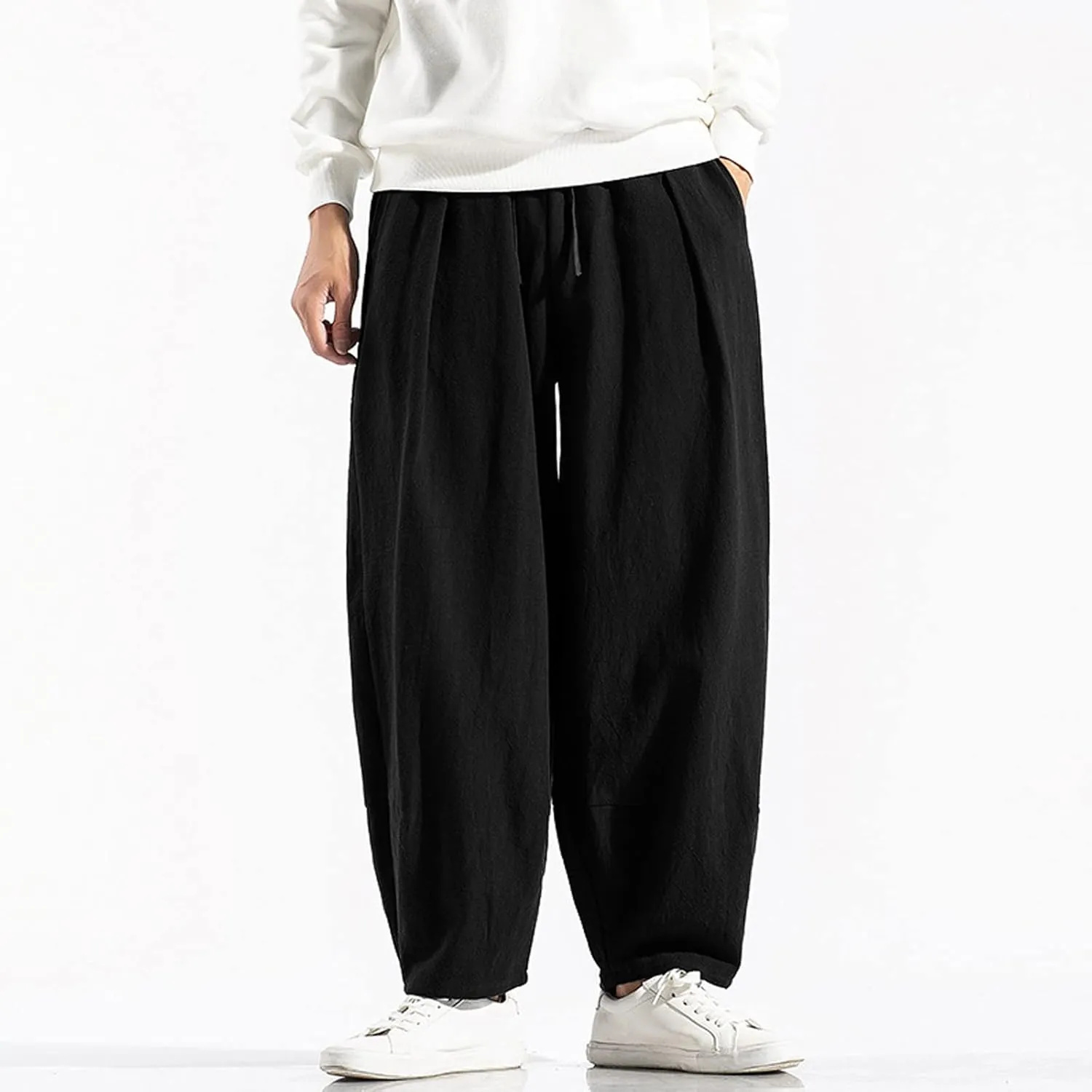 Mens Baggy Pants Drawstring Cotton Linen Wide Leg Yoga Pants Solid Color Baggy Pants