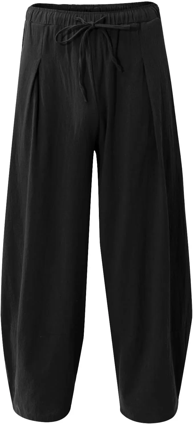 Mens Baggy Pants Drawstring Cotton Linen Wide Leg Yoga Pants Solid Color Baggy Pants