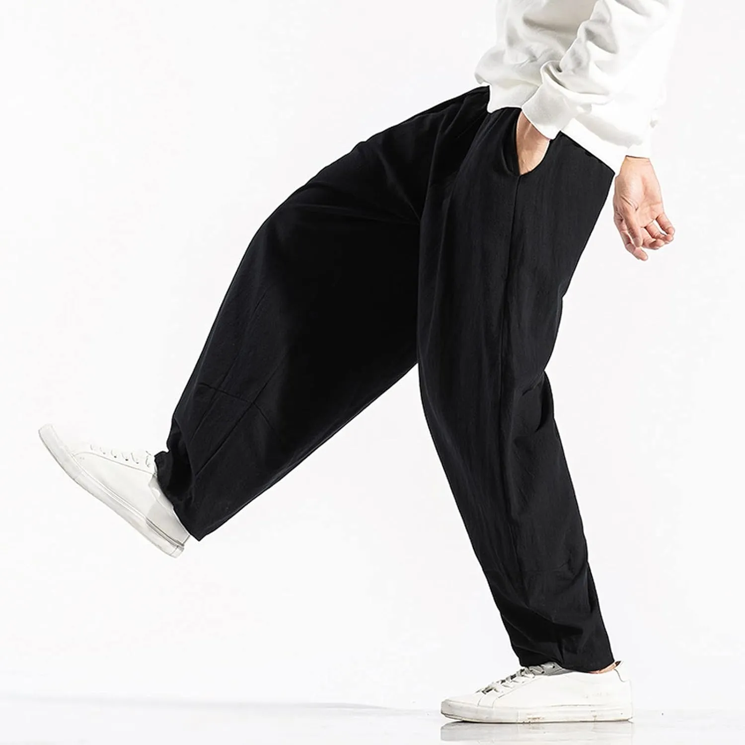 Mens Baggy Pants Drawstring Cotton Linen Wide Leg Yoga Pants Solid Color Baggy Pants