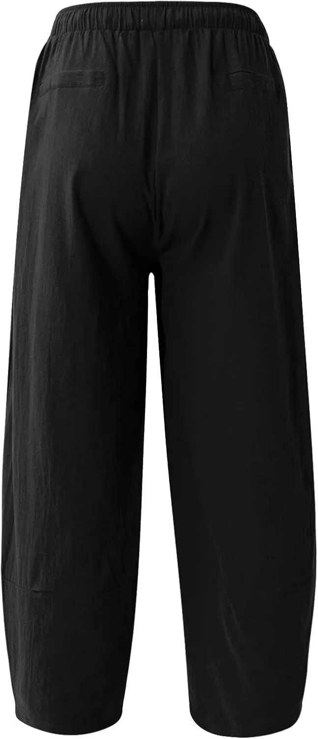 Mens Baggy Pants Drawstring Cotton Linen Wide Leg Yoga Pants Solid Color Baggy Pants