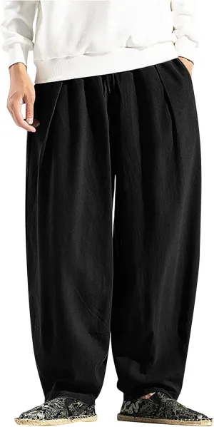 Mens Baggy Pants Drawstring Cotton Linen Wide Leg Yoga Pants Solid Color Baggy Pants
