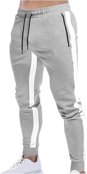 Men's Casual Sweatpants Slim Fit Joggers Pant Drawstring Side Stripes Gym Training Workout Trousers with Zip Pockets