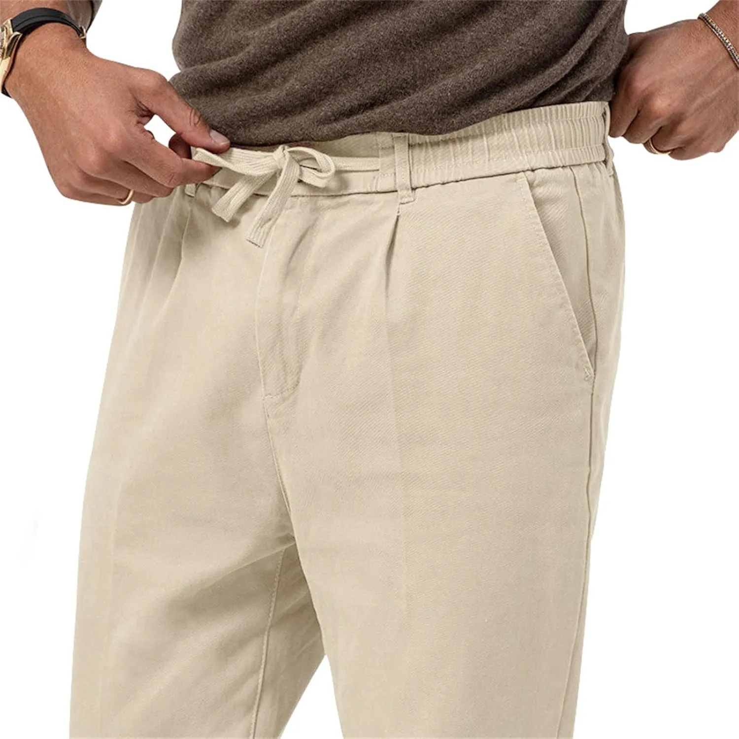 Mens Dress Pants Straight Elastic Waist Casual Lightweight Slim Fit Solid Pants Beach Yoga Business Trousers Pockets