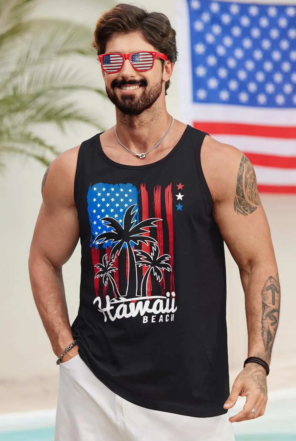 Mens Hawaiian Beach Tank Tops Summer Vacation Muscle Top Graphic Sleeveless Shirts (S-3XL)