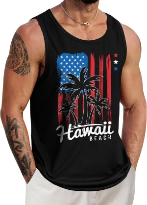 Mens Hawaiian Beach Tank Tops Summer Vacation Muscle Top Graphic Sleeveless Shirts (S-3XL)