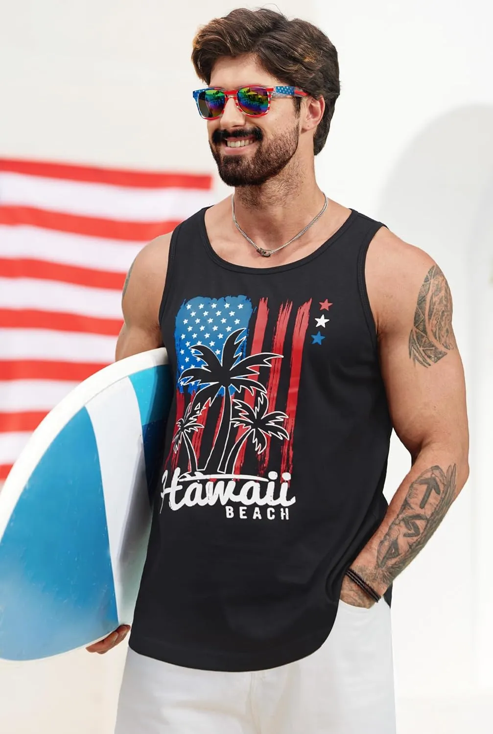 Mens Hawaiian Beach Tank Tops Summer Vacation Muscle Top Graphic Sleeveless Shirts (S-3XL)