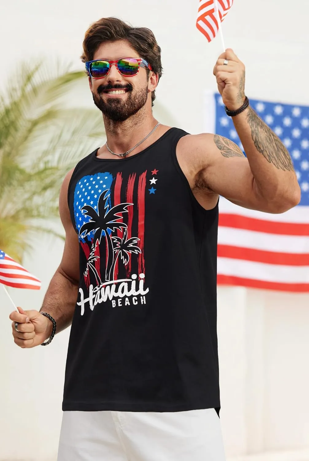 Mens Hawaiian Beach Tank Tops Summer Vacation Muscle Top Graphic Sleeveless Shirts (S-3XL)