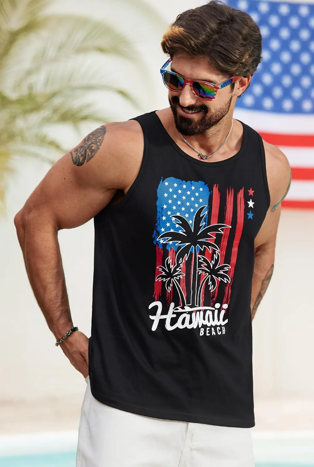 Mens Hawaiian Beach Tank Tops Summer Vacation Muscle Top Graphic Sleeveless Shirts (S-3XL)