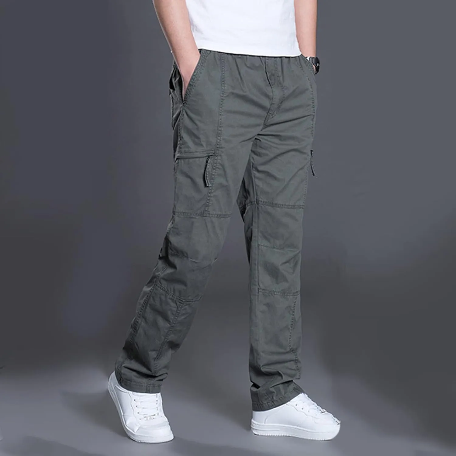 Mens Lightweight Cargo Pants Elastic Waist Straight Leg Slim Fit Chino Trousers for Men Trendy Solid Work Khaki Pant