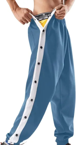 Mens Tear Away Basketball Pants Casual High Split Snap Button Post Surgery Sweatpants with Side Pockets