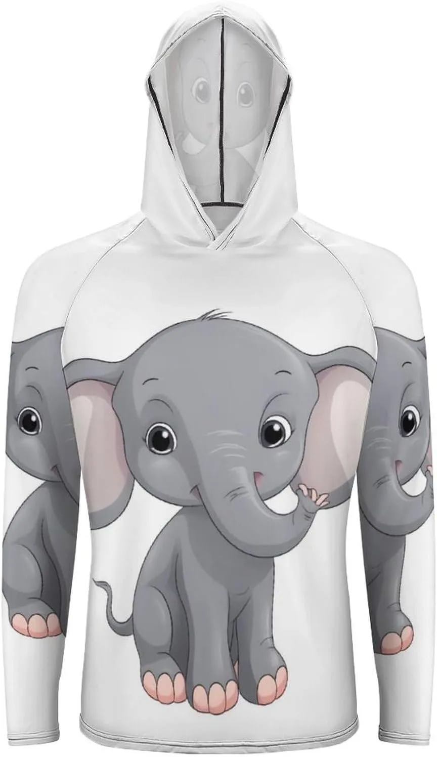 Men's UPF 50  Sun Protection Hoodie Outdoor UV Shirts Cute Cartoon Elephant Long Sleeve Quick Dry Fishing Hiking Shirt