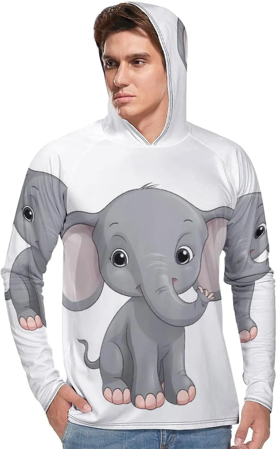 Men's UPF 50  Sun Protection Hoodie Outdoor UV Shirts Cute Cartoon Elephant Long Sleeve Quick Dry Fishing Hiking Shirt