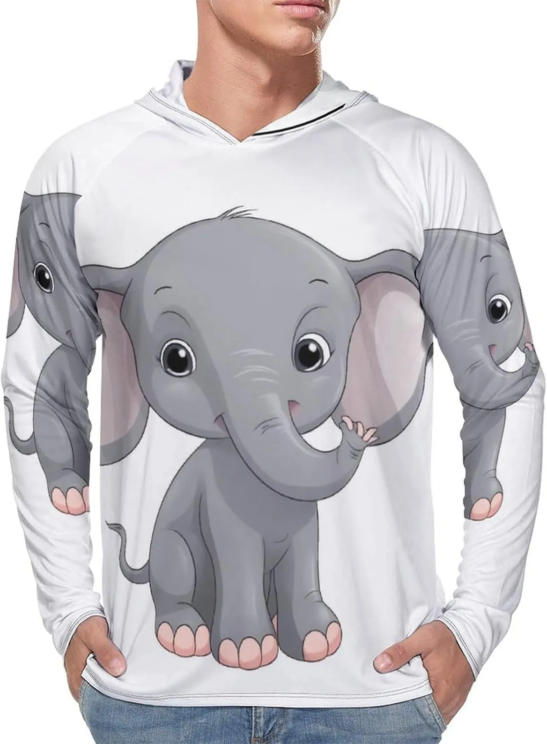 Men's UPF 50  Sun Protection Hoodie Outdoor UV Shirts Cute Cartoon Elephant Long Sleeve Quick Dry Fishing Hiking Shirt