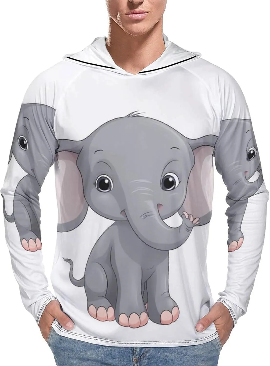 Men's UPF 50  Sun Protection Hoodie Outdoor UV Shirts Cute Cartoon Elephant Long Sleeve Quick Dry Fishing Hiking Shirt