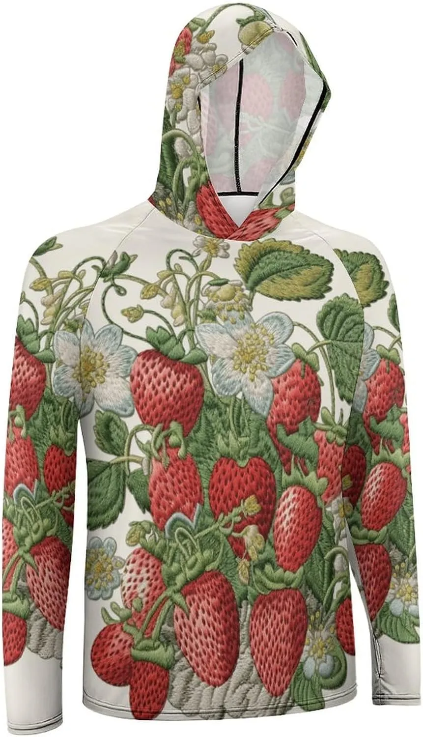 Men's UPF 50  Sun Protection Hoodie Outdoor UV Shirts Strawberry Embroidery Long Sleeve Quick Dry Fishing Hiking Shirt
