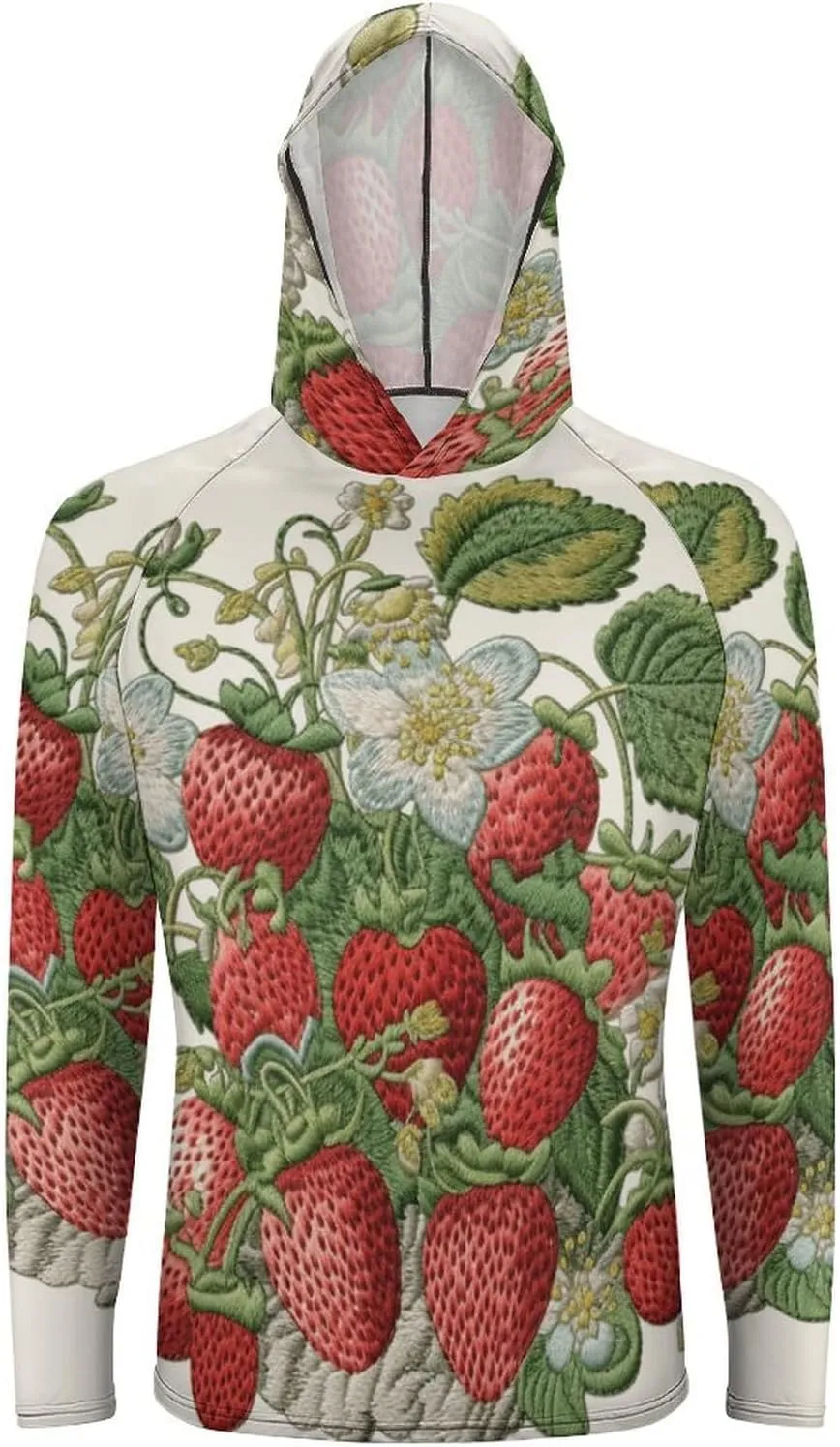Men's UPF 50  Sun Protection Hoodie Outdoor UV Shirts Strawberry Embroidery Long Sleeve Quick Dry Fishing Hiking Shirt