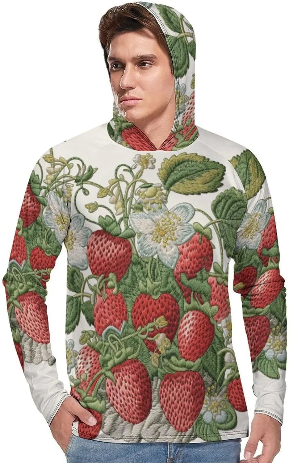 Men's UPF 50  Sun Protection Hoodie Outdoor UV Shirts Strawberry Embroidery Long Sleeve Quick Dry Fishing Hiking Shirt