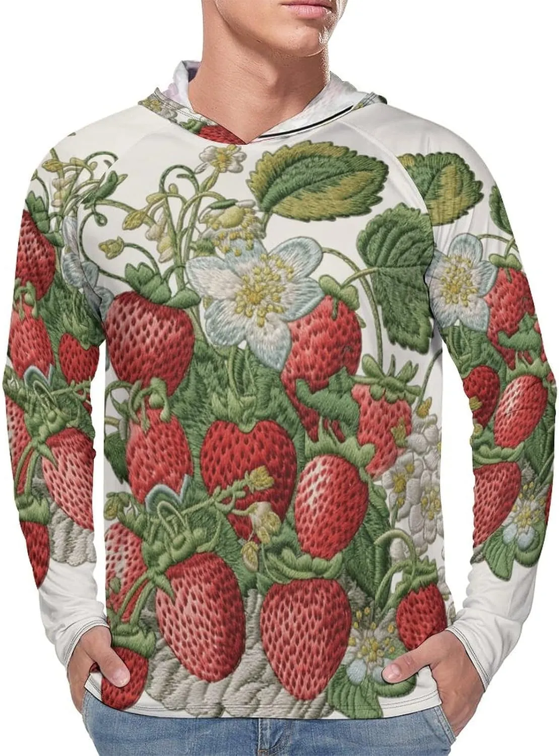 Men's UPF 50  Sun Protection Hoodie Outdoor UV Shirts Strawberry Embroidery Long Sleeve Quick Dry Fishing Hiking Shirt