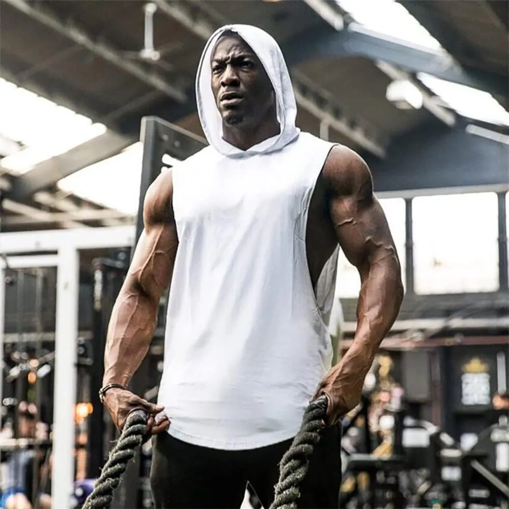 Men's Workout Hooded Tank Tops Sports Training Sleeveless Gym Hoodies Fitness Bodybuilding Cut Off Muscle Shirts