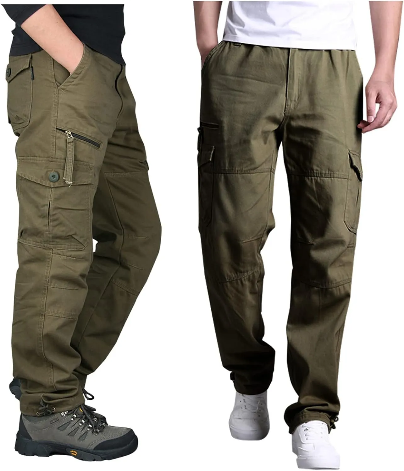 Muscularfit Men's Cargo Pants Big and Tall Cotton Elastic Waist Multi Pockets Straight Trousers Casual Loose Solid Sweatpants