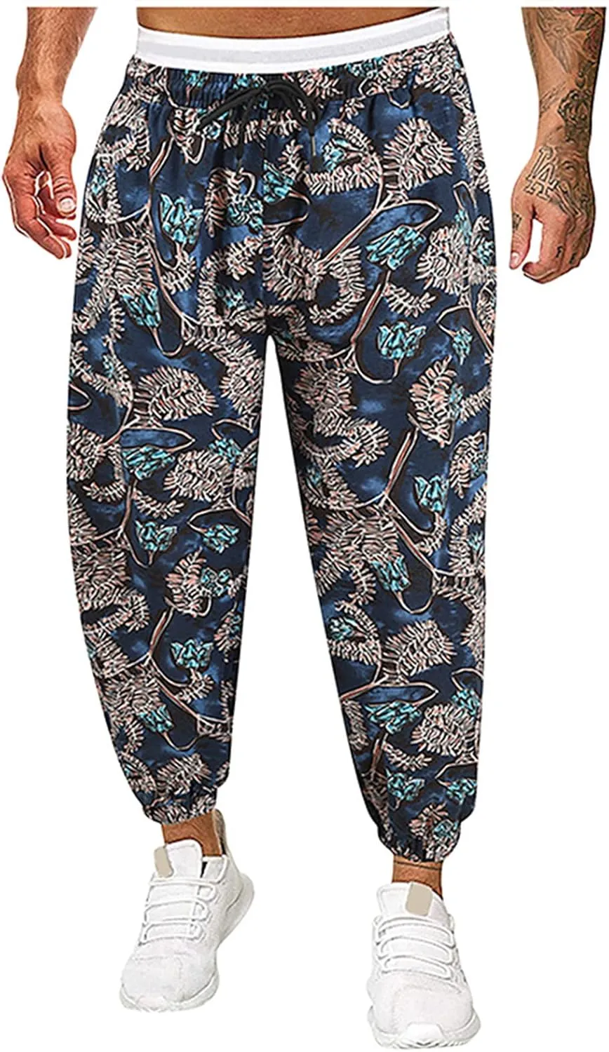 Muscularfit Mens Pants Expandable Waist Cotton Linen Fashion Print Drop Crotch Wide Leg Harem Pant Casual Loose Trousers 2023