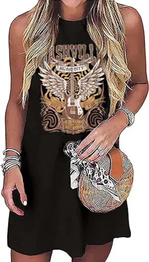 Nashville Music City Mini Dress Women Country Music Rock Band Sleeveless Dress Vintage Guitar Wings Graphic T Shirts Dress