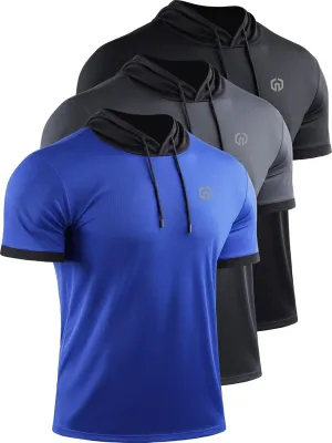 NELEUS Men's Running Shirt Workout Athletic Shirts with Hoodie Pack of 3,5112,Black/Grey/Blue,Medium