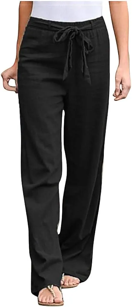 niuwa Women Cotton Linen Trousers Summer Solid Color Wide Leg Pants Elastic Waist Loose Lounge Pants Sweatpants (Black, XXXL)