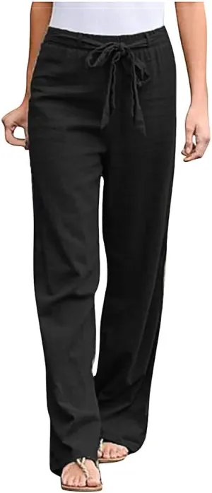 niuwa Women Cotton Linen Trousers Summer Solid Color Wide Leg Pants Elastic Waist Loose Lounge Pants Sweatpants (Black, XXXL)