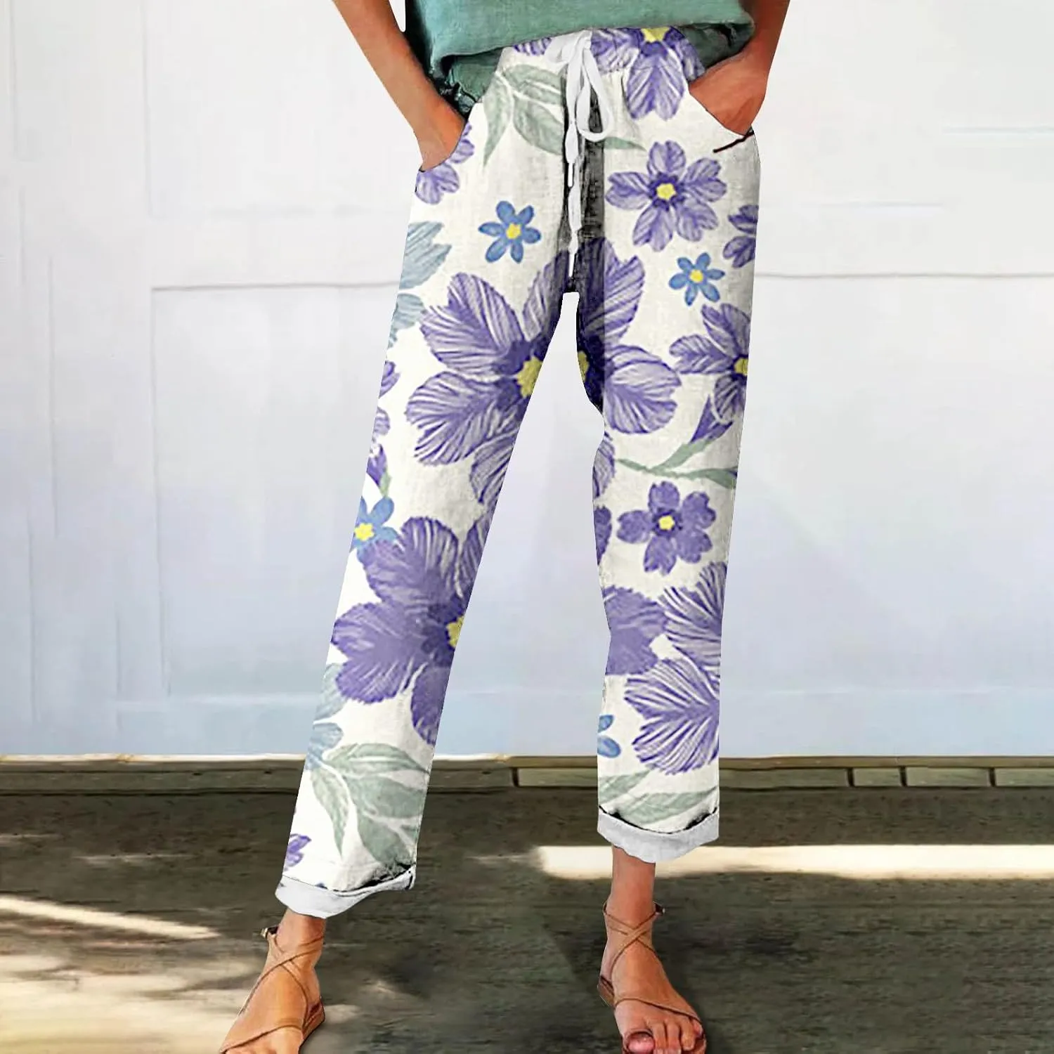 Outfits for Women Summer Wide Leg Pants Drawstring Elastic Waist Pants High Waisted Pants Casual Beach Trousers